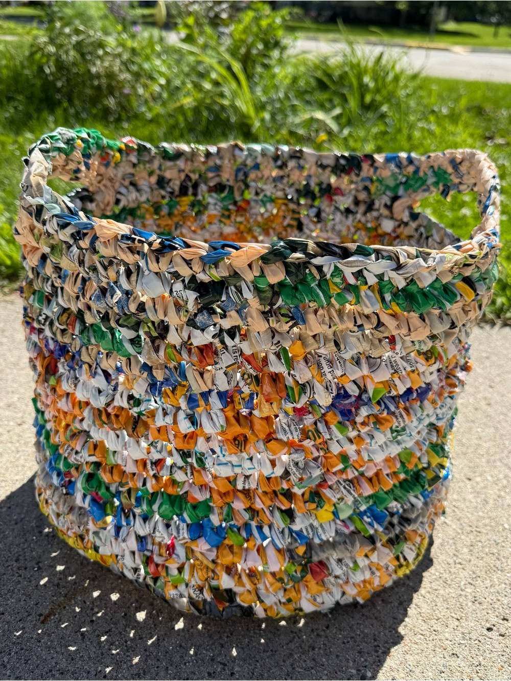 Handmade from repurposed plastic bags crocheted shopping basket laundry tote